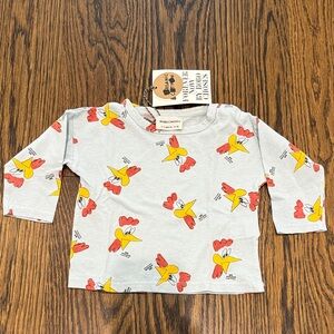 Bobo Choses Blue Baby Long Sleeve Shirt with Red and Yellow Rooster print.
